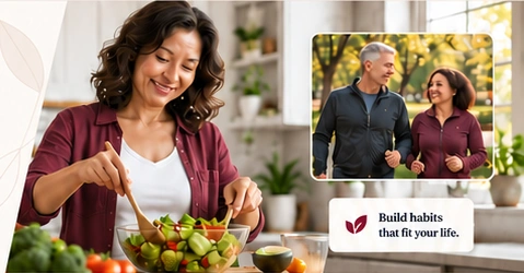 Woman preparing a colorful salad, a couple walking outdoors, and a reminder to build habits that fit your life.